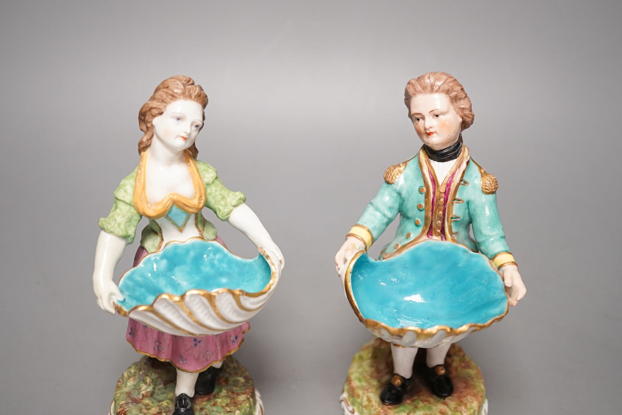 A pair of Sampson Hancock Derby figural salts 17cm